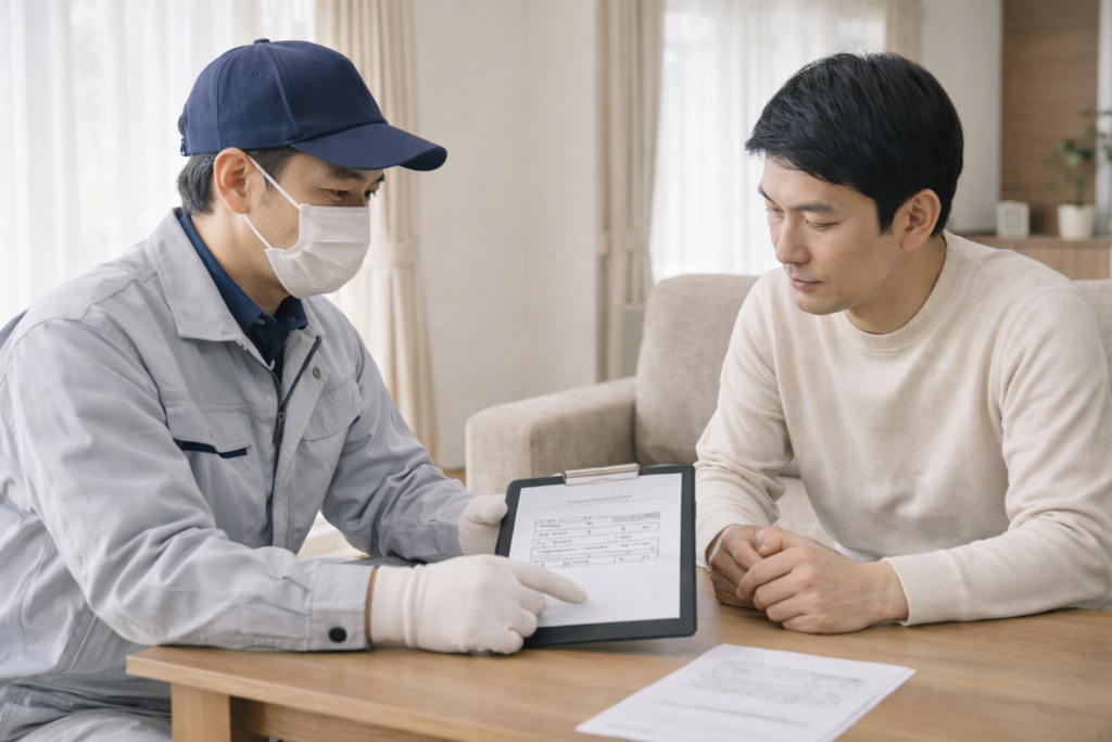 現地調査の結果を説明するネズミ駆除業者