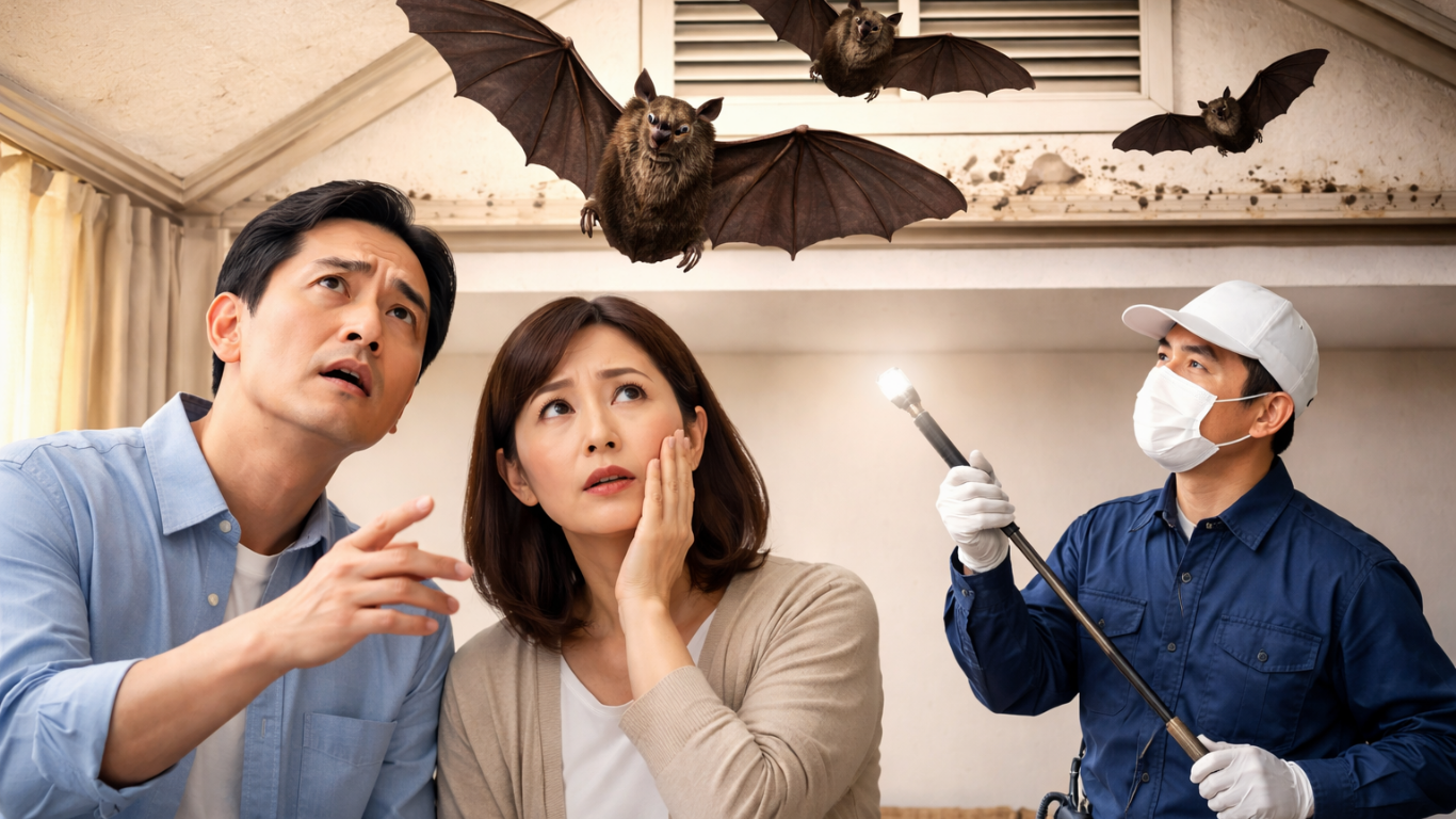 天井裏に侵入したコウモリに気づき不安そうに見上げる夫婦と、点検を行う害獣駆除業者の作業