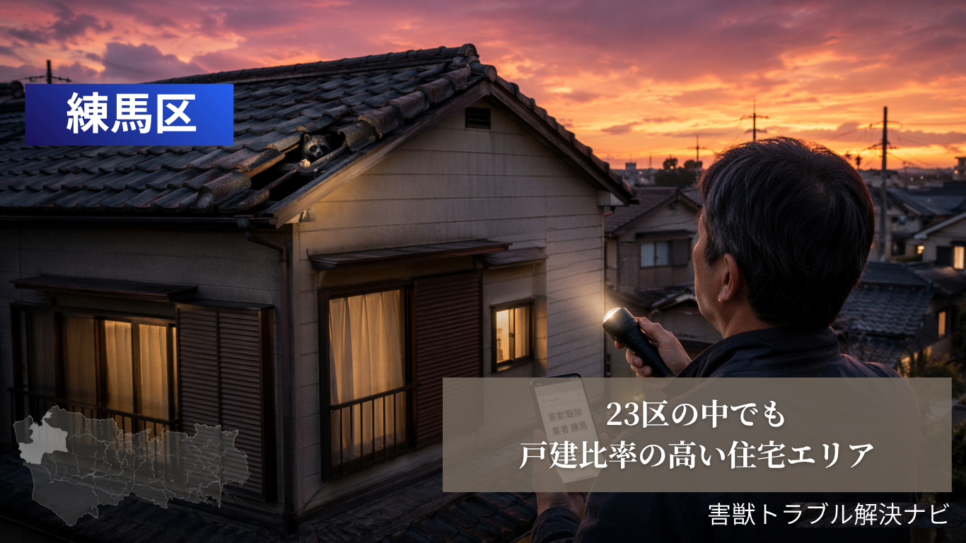 練馬区の戸建て住宅で屋根の隙間からハクビシンが侵入し、住人が懐中電灯で確認しながら害獣駆除業者を検索している様子