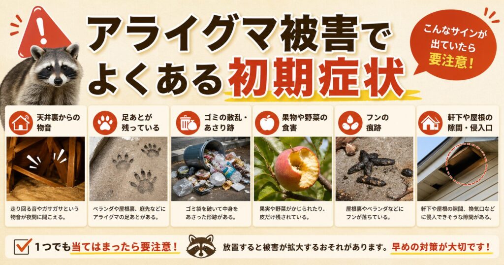 天井裏の音や足跡や庭の荒らされなどアライグマ被害の初期症状を示す画像