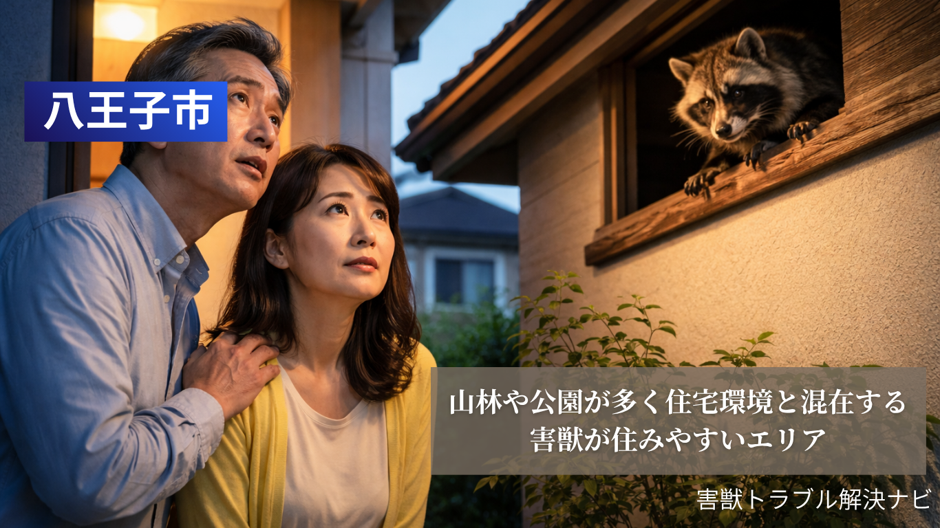 八王子の戸建て住宅で屋根裏に侵入したハクビシンを不安そうに見上げる夫婦の様子