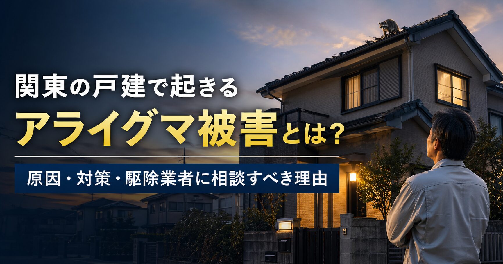 関東の戸建て住宅でアライグマ被害に悩み屋根を見上げる住人のイメージ