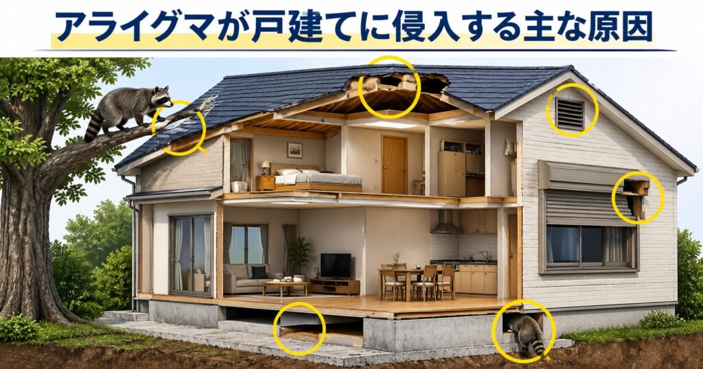 戸建て住宅にアライグマが侵入する原因と経路を断面図で示したイメージ