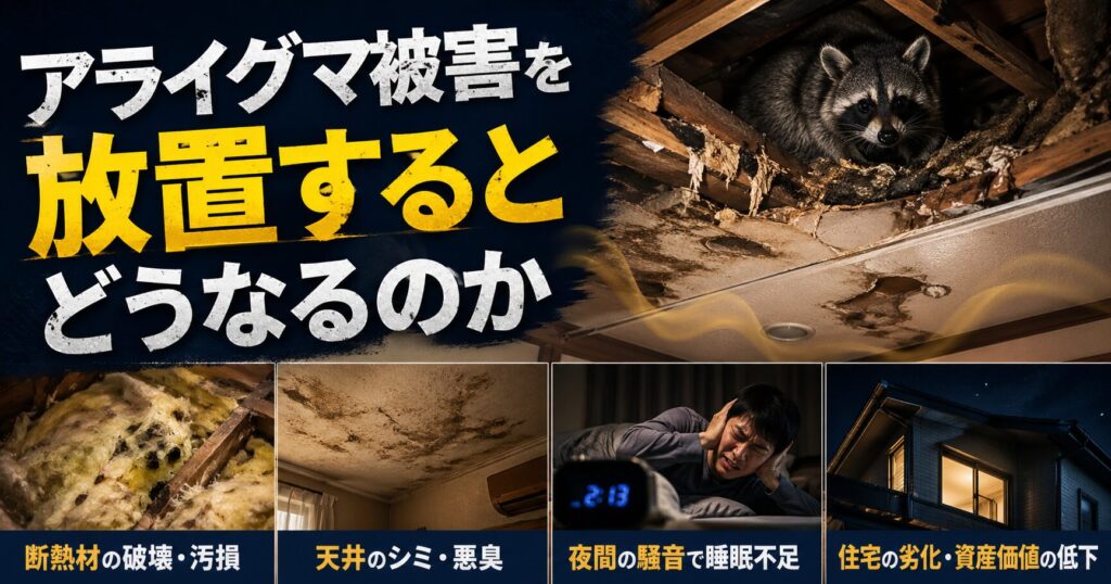 アライグマ被害を放置して天井裏の汚れや生活被害が広がる様子のイメージ