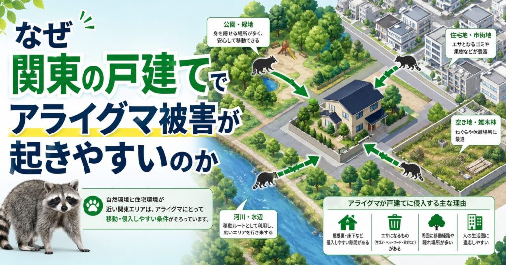 関東の住宅街と緑地が近くアライグマ被害が起きやすい環境を示すイメージ