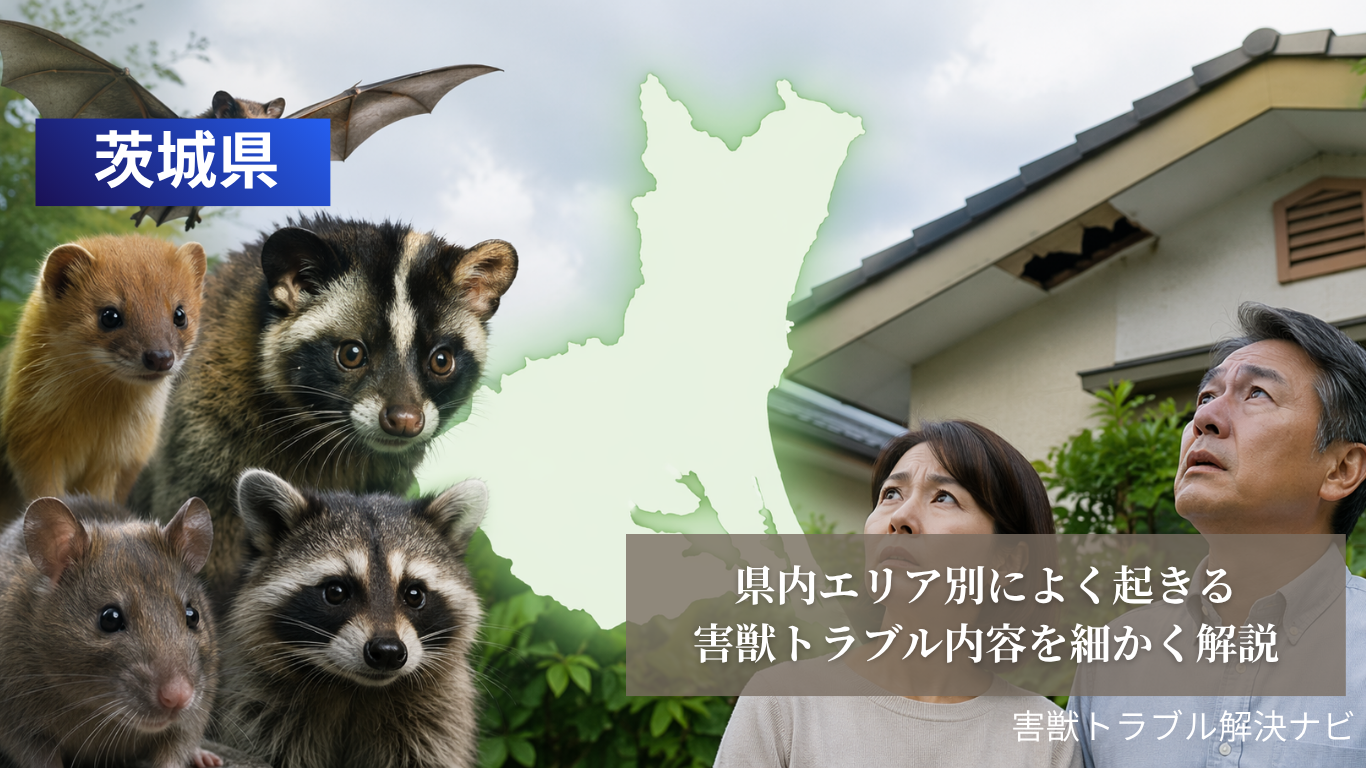 茨城県で発生している害獣被害のイメージ（ネズミ・ハクビシン・アライグマ・イタチ・コウモリ）と不安そうに家を見上げる夫婦