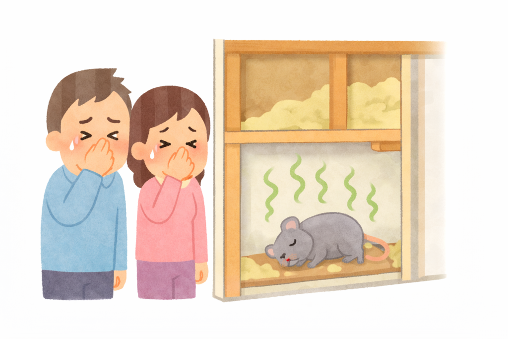 ネズミが壁内で死亡し悪臭が発生したイメージ