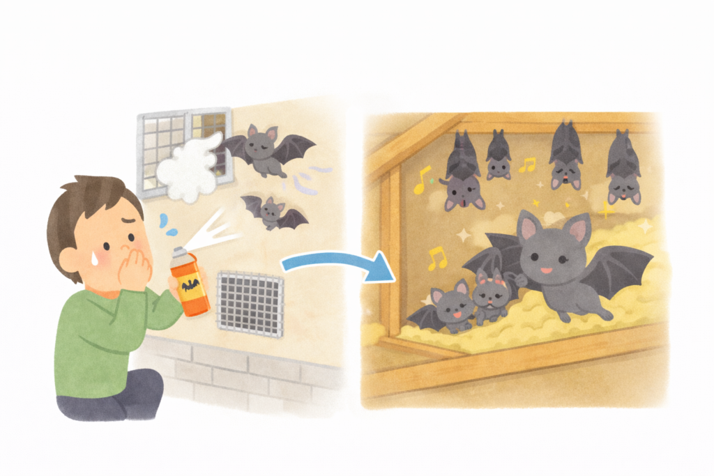 コウモリが完全に追い出せず繁殖するイメージ