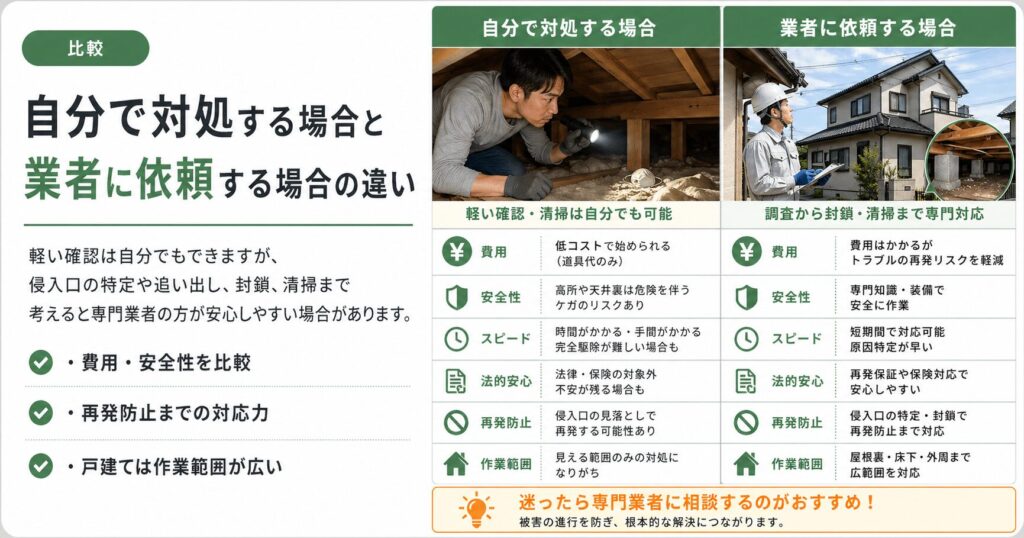 自分で対処する場合と業者に依頼する場合の違い