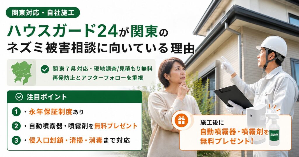 ハウスガード24が関東7県対応、自社施工、永年保証制度、害獣避け自動噴霧器と噴霧剤の無料プレゼントに対応していることを説明する画像