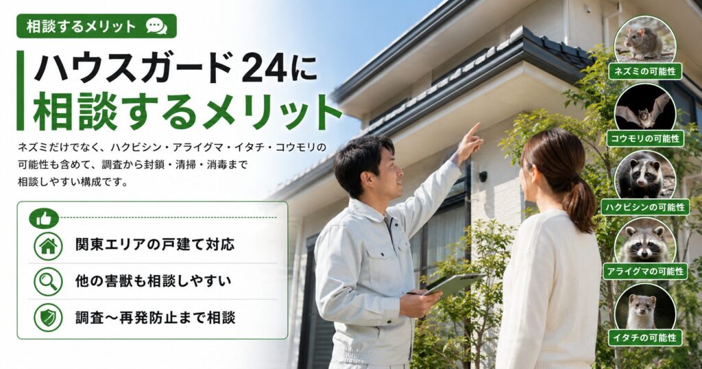 ハウスガード24に相談するメリットを説明する画像。ネズミだけでなくコウモリ、イタチ、ハクビシン、アライグマなどの可能性も含めて相談できる点を紹介している