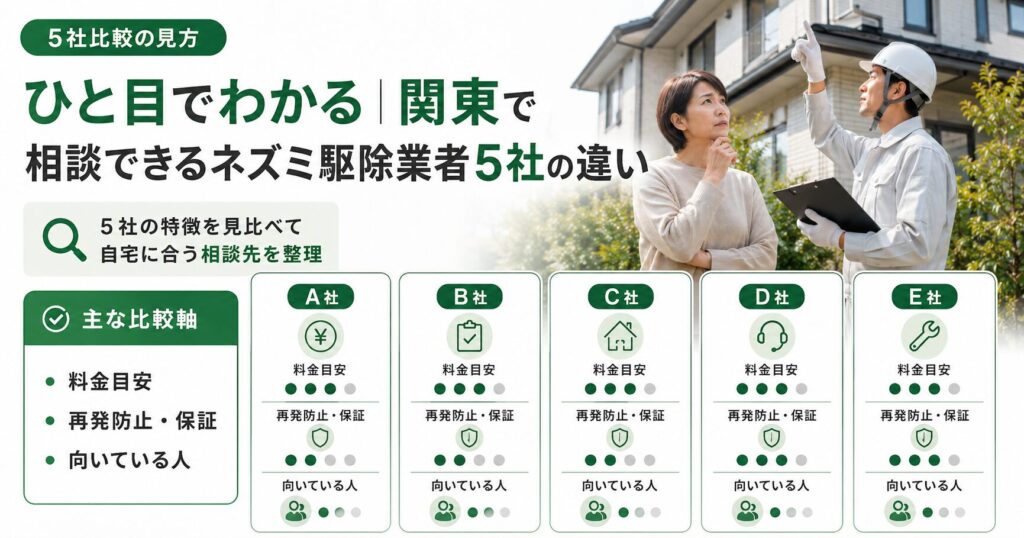 関東で相談できるネズミ駆除業者5社について、料金目安、再発防止、保証、向いている人の違いを比較する画像