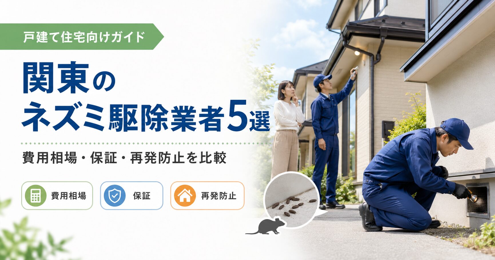 関東でネズミ駆除業者を探している方向けに、費用相場、保証制度、再発防止の比較ポイントを戸建て住宅の点検シーンとあわせて説明するアイキャッチ画像
