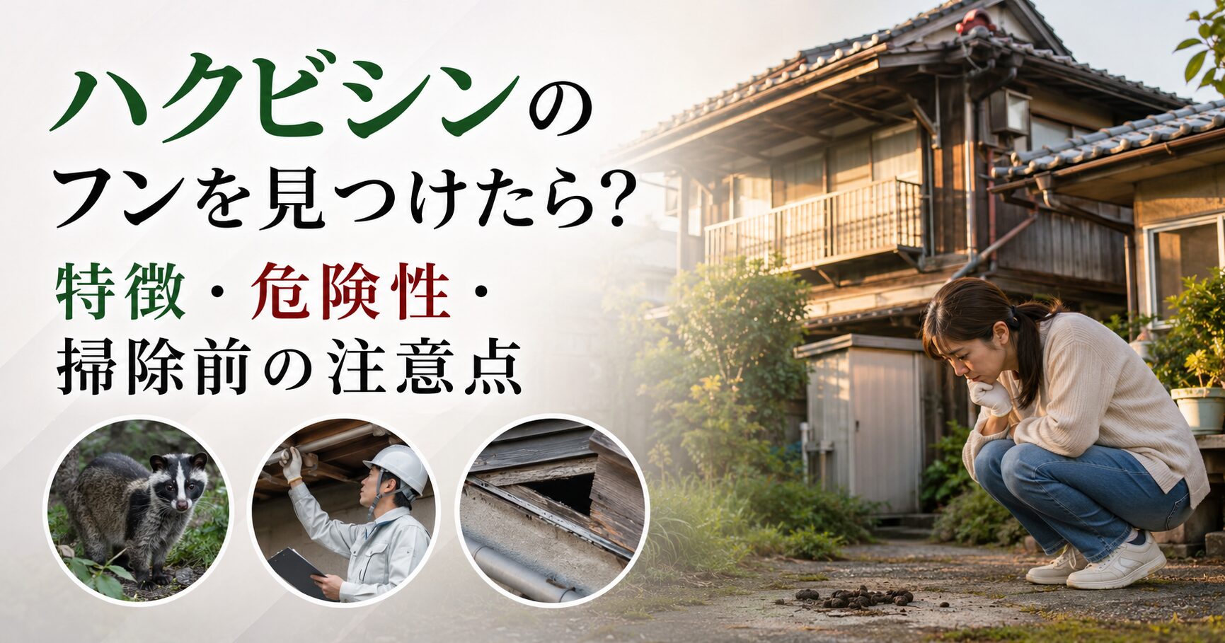 戸建てでハクビシンのフンを見つけたときの特徴・危険性・掃除前の注意点を解説する画像