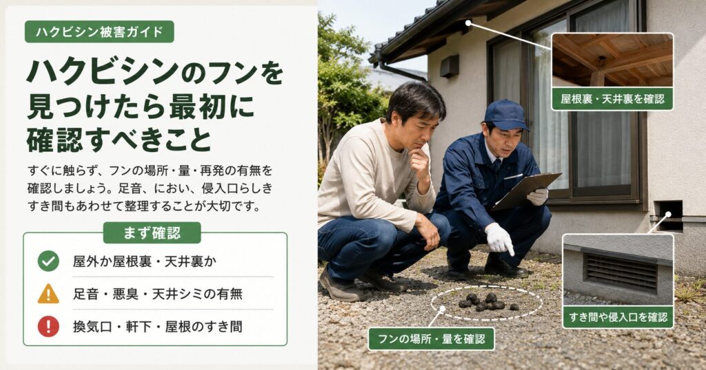 ハクビシンのフンを見つけたときに、場所・足音・悪臭・侵入口を確認するポイントを解説した画像