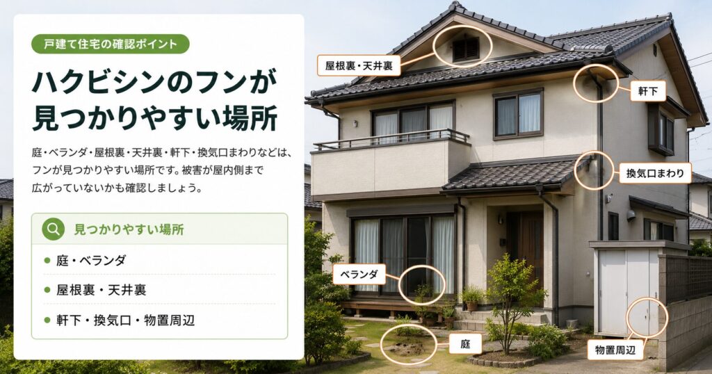 庭、ベランダ、屋根裏、天井裏、軒下、換気口まわりなどハクビシンのフンが見つかりやすい場所を示した画像