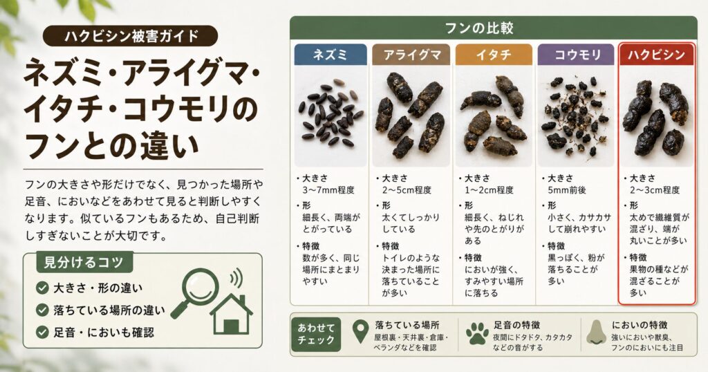 ハクビシンのフンとネズミ、アライグマ、イタチ、コウモリのフンの違いを比較して解説した画像