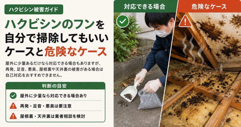 ハクビシンのフンを自分で掃除できる場合と、屋根裏被害など業者相談が必要な危険なケースを比較した画像
