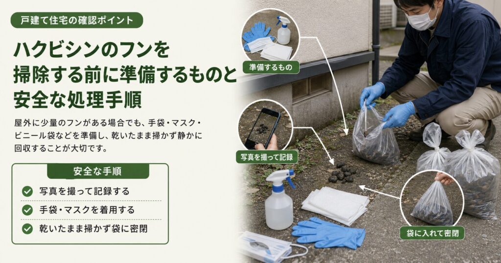 ハクビシンのフンを掃除する前に必要な手袋やマスク、記録方法、安全な回収手順を解説した画像
