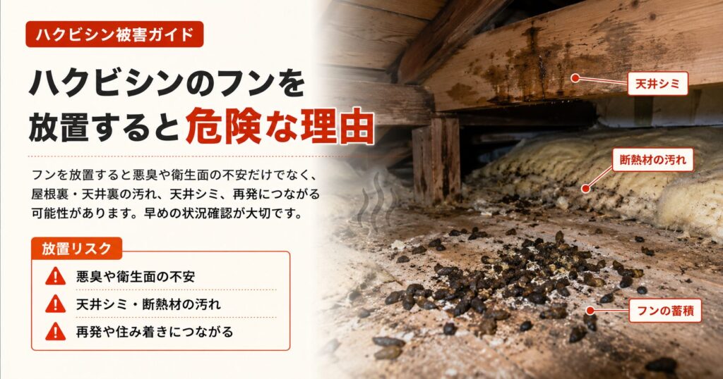 ハクビシンのフンを放置すると悪臭、天井シミ、断熱材の汚れ、再発リスクにつながることを解説した画像