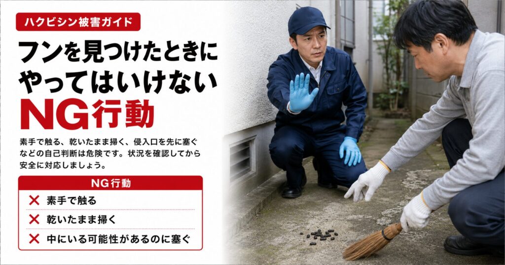 ハクビシンのフンを見つけたときに、素手で触る、乾いたまま掃く、侵入口をすぐ塞ぐなどのNG行動を解説した画像