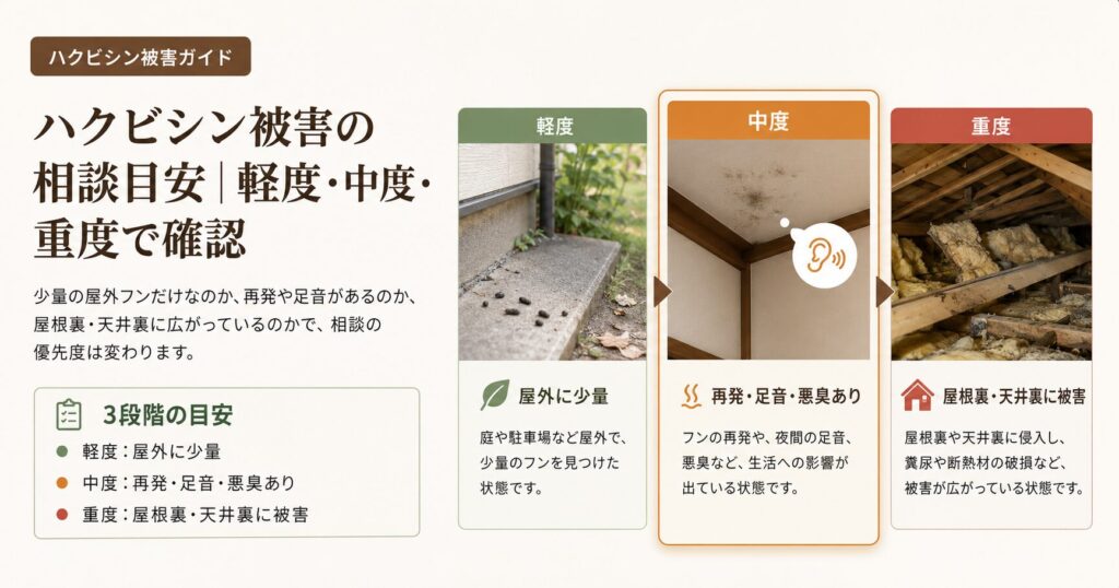 ハクビシン被害の相談目安を軽度・中度・重度の3段階でわかりやすく整理した画像