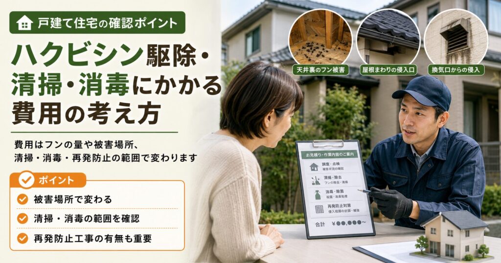 ハクビシン駆除やフン清掃、消毒、再発防止にかかる費用の考え方を住人と業者の相談シーンで解説した画像