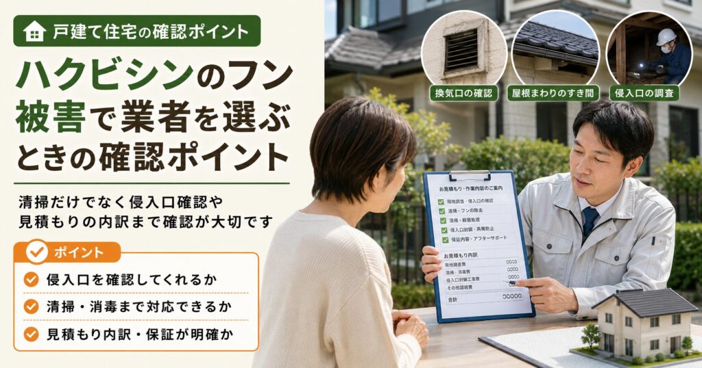 ハクビシンのフン被害で業者を選ぶ際に、侵入口確認や見積もり内訳、清掃・消毒対応の有無を確認するポイントを解説した画像