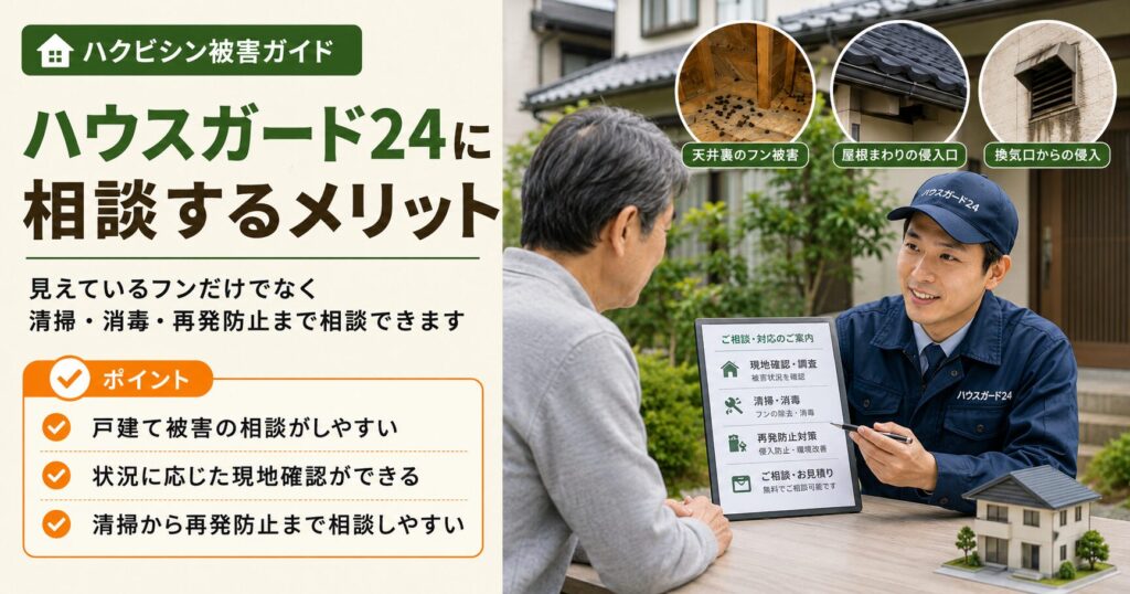 ハウスガード24に相談するメリットとして、現地確認、フン清掃、消毒、再発防止まで相談しやすいことを紹介した画像