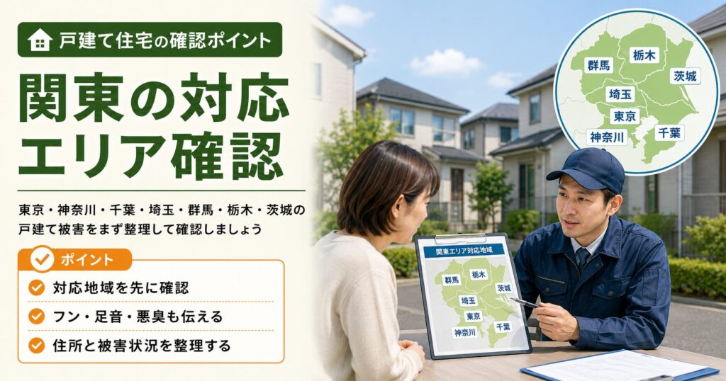 東京、神奈川、千葉、埼玉、群馬、栃木、茨城の関東対応エリアと、戸建て被害の相談前に確認したい内容をまとめた画像