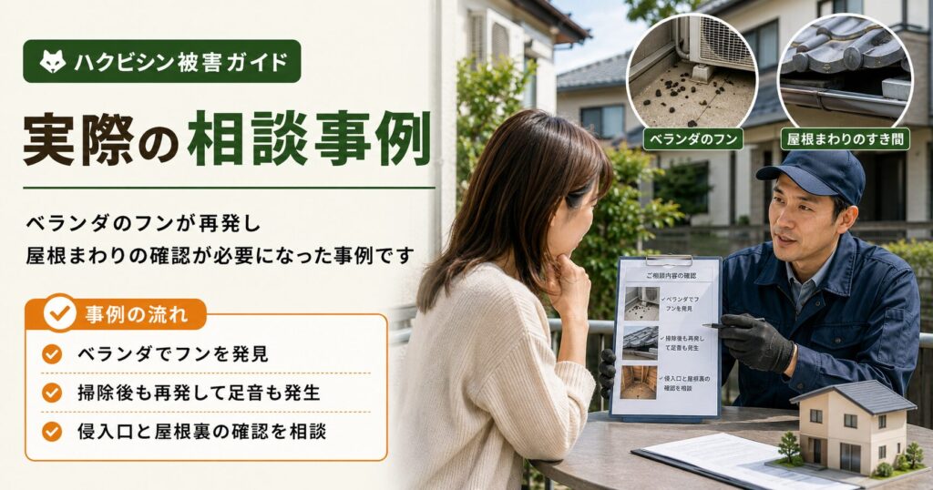 ベランダのフン被害が再発し、屋根まわりのすき間や侵入口確認が必要になったハクビシン被害の相談事例を解説した画像