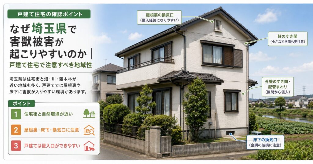 埼玉県の戸建て住宅で害獣被害が起こりやすい地域性を解説した画像。住宅街と畑や雑木林が近く、屋根・軒下・換気口・床下まわりが侵入経路になりやすいことを示している。