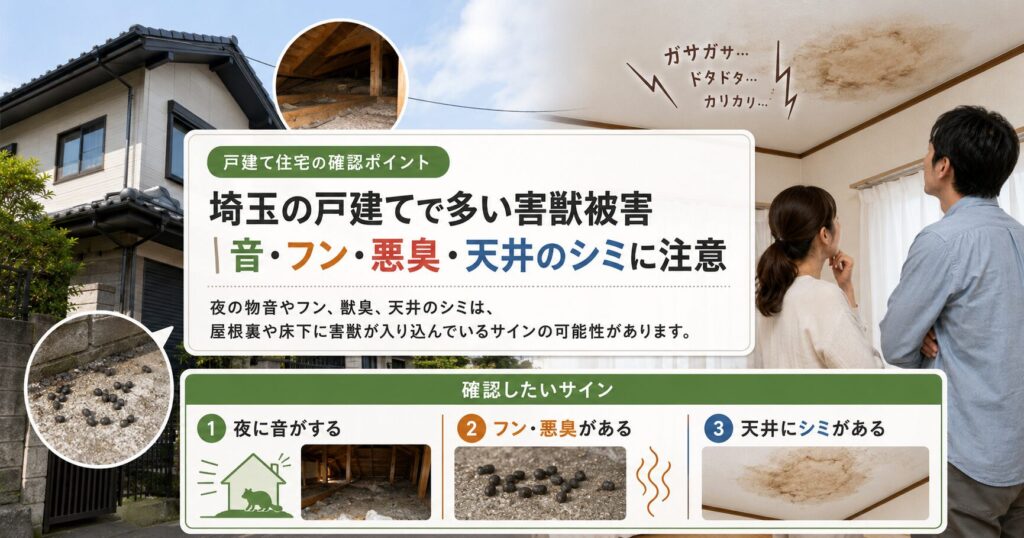 埼玉の戸建てで多い害獣被害のサインをまとめた画像。天井裏の物音、フン、悪臭、天井のシミなど、家の中で気づきやすい被害の症状をわかりやすく整理している。