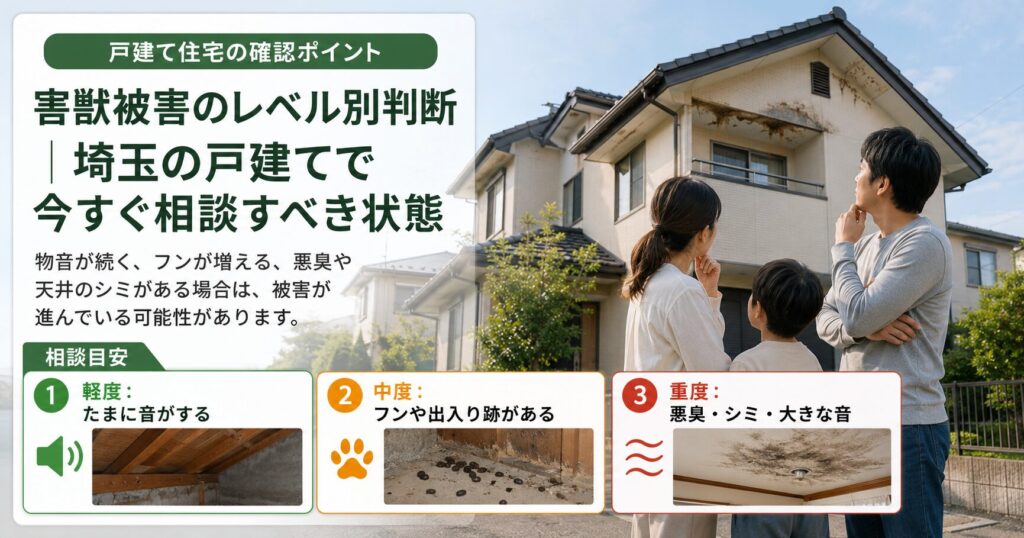 埼玉の戸建てで害獣被害の進行度を軽度・中度・重度に分けて説明した画像。音だけの初期段階から、フンや悪臭、天井のシミが広がった相談推奨の状態までを比較している。