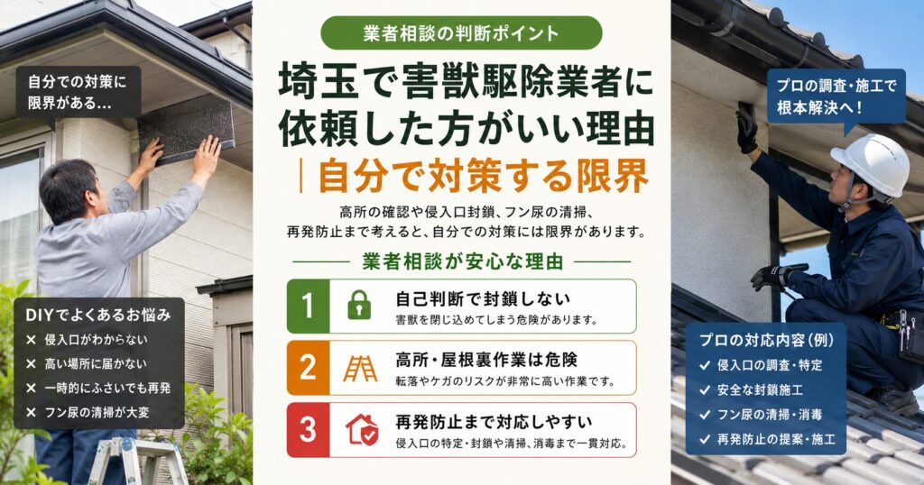 埼玉の戸建てで害獣駆除業者に依頼した方がよい理由をまとめた画像。自分で対策できる範囲には限界があり、侵入口の特定や再発防止まで考える必要があることを説明している。