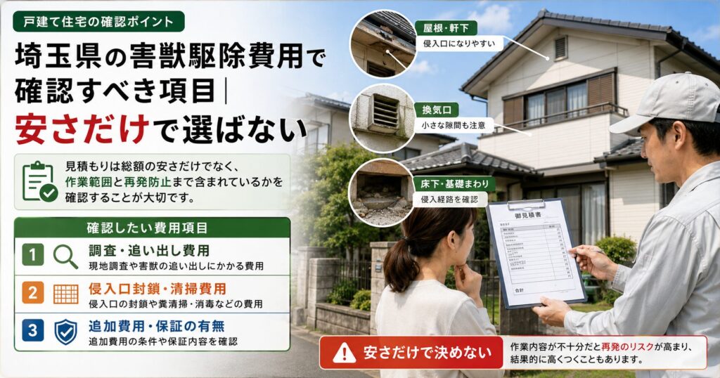 埼玉県の害獣駆除費用で確認すべきポイントをまとめた画像。調査・追い出し費用、侵入口封鎖や清掃費用、追加費用や保証の有無など、安さだけで選ばない重要性を解説している。