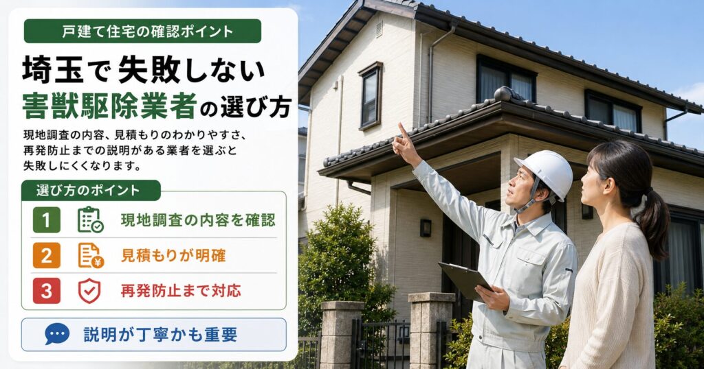 埼玉で害獣駆除業者を選ぶときのポイントを解説した画像。現地調査の内容、見積もりの分かりやすさ、再発防止まで対応しているかなど、失敗しない選び方を整理している。