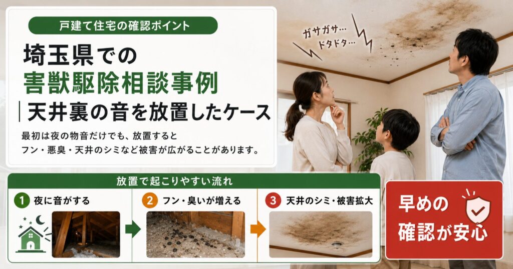 埼玉県の戸建てで、天井裏の音を放置した結果を解説した相談事例画像。夜の物音から始まり、フンや悪臭、天井のシミへと被害が広がる流れをわかりやすく示している。