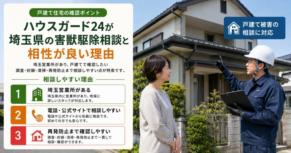 ハウスガード24が埼玉県の害獣駆除相談と相性が良い理由をまとめた画像。埼玉営業所があること、電話や公式サイトから相談しやすいこと、調査から再発防止まで確認しやすい点を紹介している。