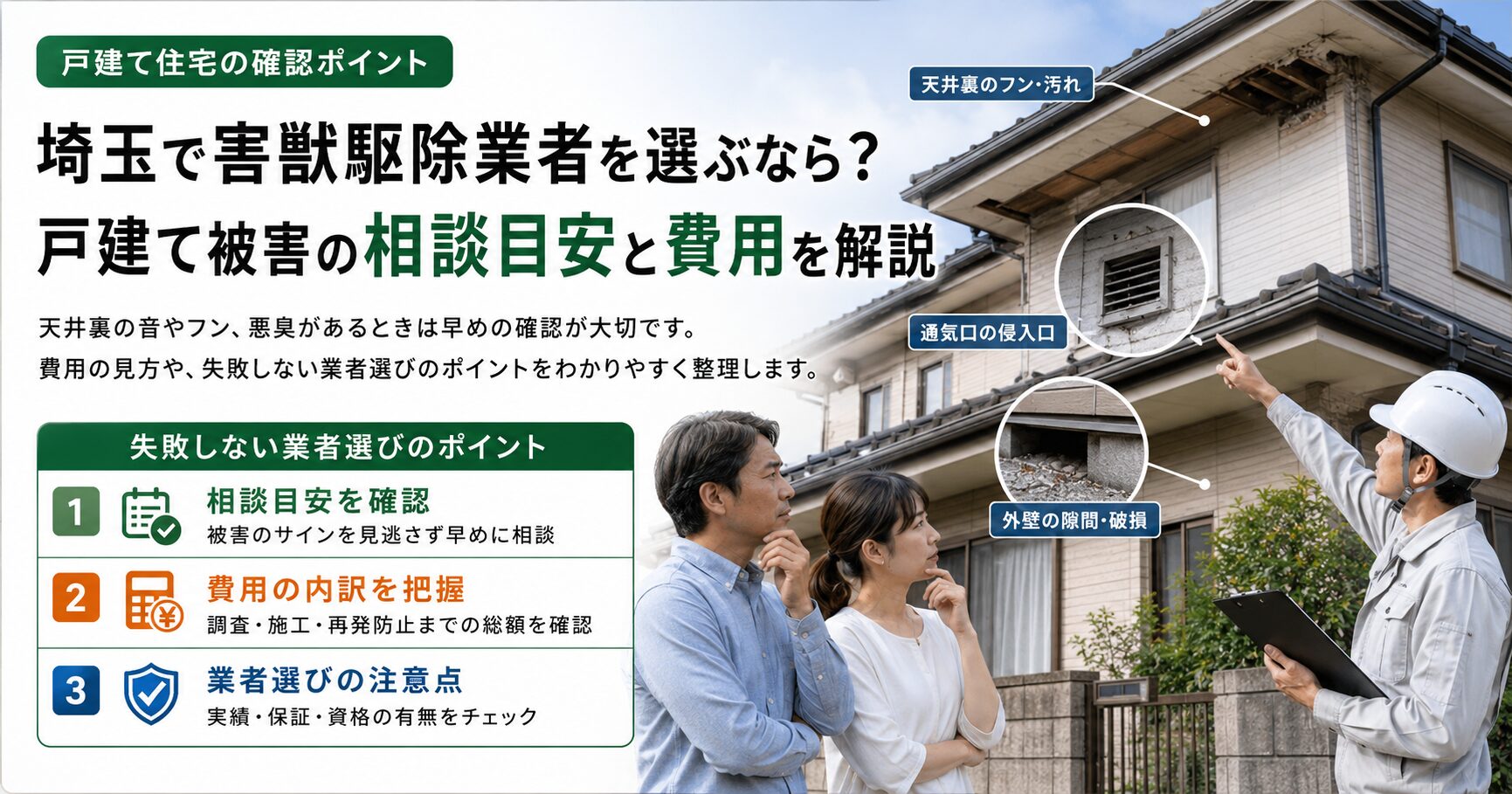 埼玉県の戸建て住宅で害獣被害が疑われるときに、相談の目安や害獣駆除費用の見方、失敗しない業者選びのポイントをわかりやすくまとめたアイキャッチ画像です。天井裏のフンや汚れ、通気口の侵入口、外壁の隙間など、確認したいポイントも視覚的に整理しています。