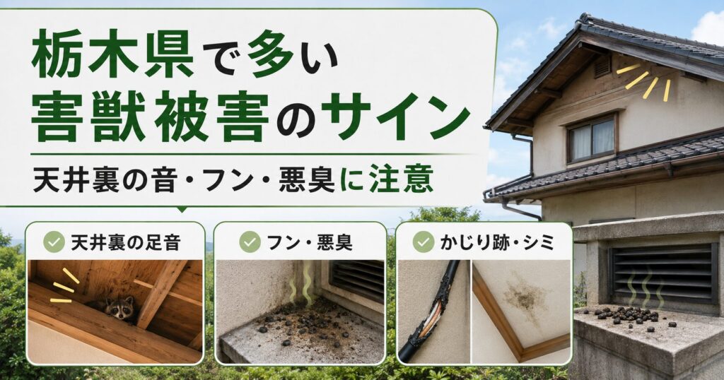栃木県の戸建て住宅で起こりやすい害獣被害について、天井裏の音、フン、悪臭などの初期サインをわかりやすくまとめた記事用画像です。