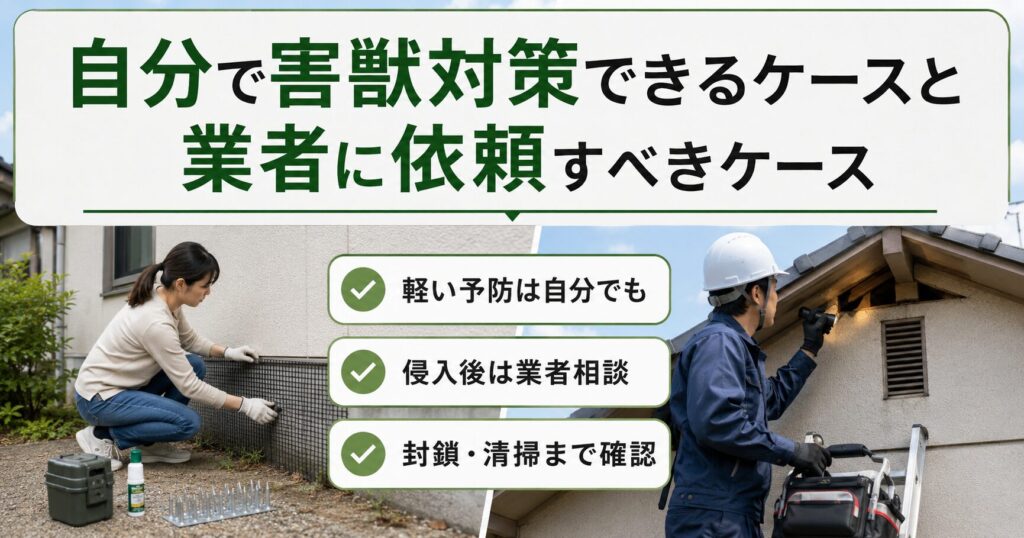 市販グッズで対応できる軽度のケースと、屋根裏侵入やフン・悪臭など専門業者への相談が必要なケースの違いを比較した記事用画像