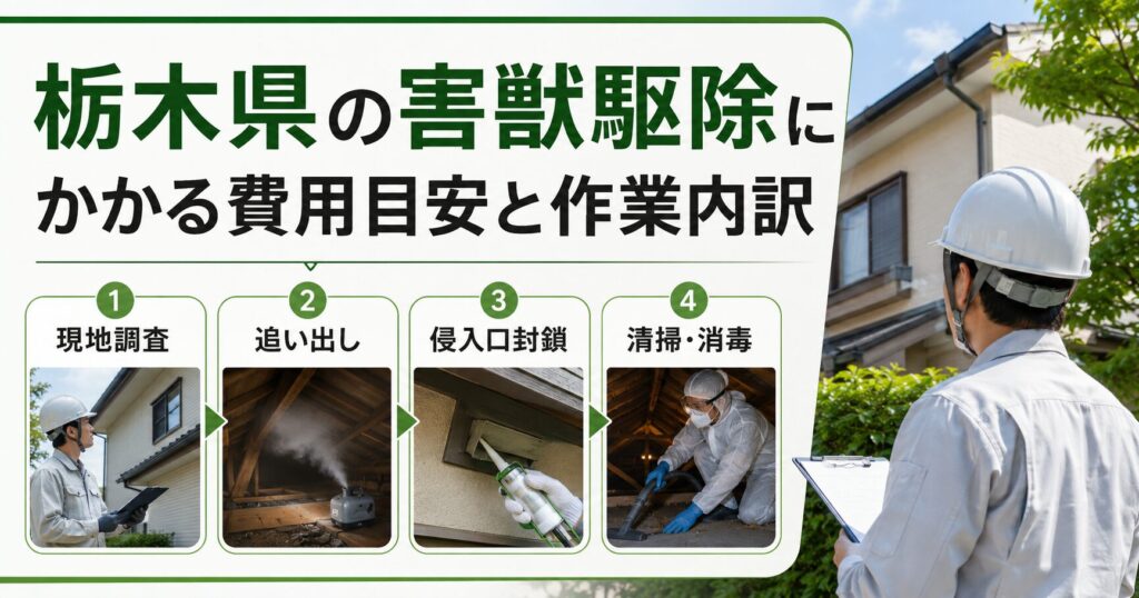 現地調査、追い出し、侵入口封鎖、清掃・消毒など、栃木県で害獣駆除を依頼する際の費用目安と作業内容をまとめた記事用画像です。