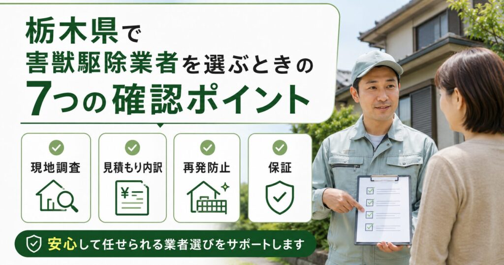 現地調査、見積もり内訳、侵入口封鎖、保証内容など、栃木県で害獣駆除業者を選ぶ際に確認したいポイントをまとめた記事用画像