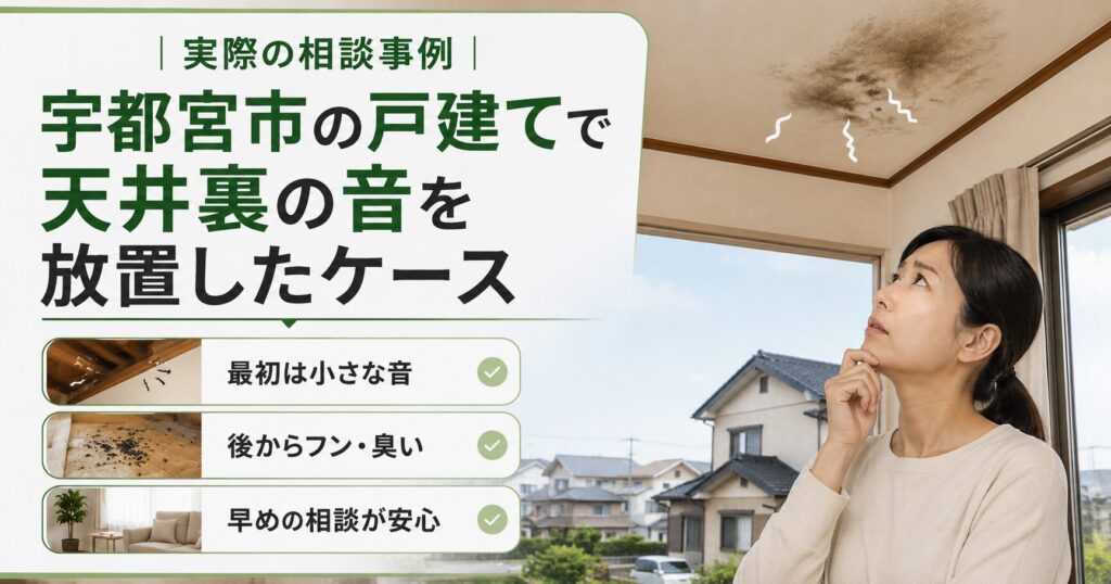 宇都宮市の戸建て住宅で、天井裏の音をきっかけに害獣被害が発覚した相談事例をイメージした記事用画像です。放置リスクの理解に役立ちます。