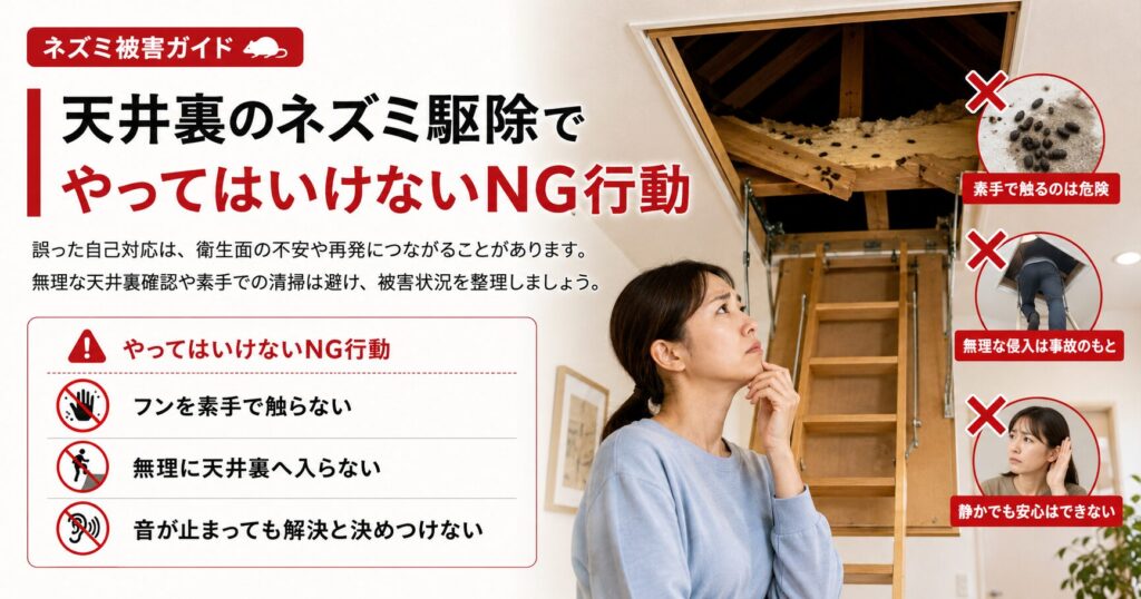 天井裏のネズミ駆除でやってはいけないNG行動をまとめた画像。フンを素手で触らない、無理に天井裏へ入らない、毒エサだけで終わらせないなどの注意点を解説している