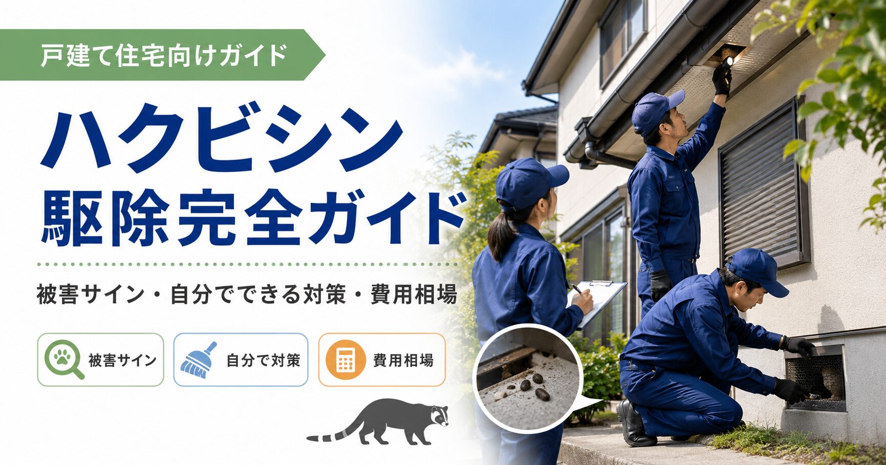 ハクビシン駆除の被害サイン・自分でできる対策・費用相場を解説するアイキャッチ画像