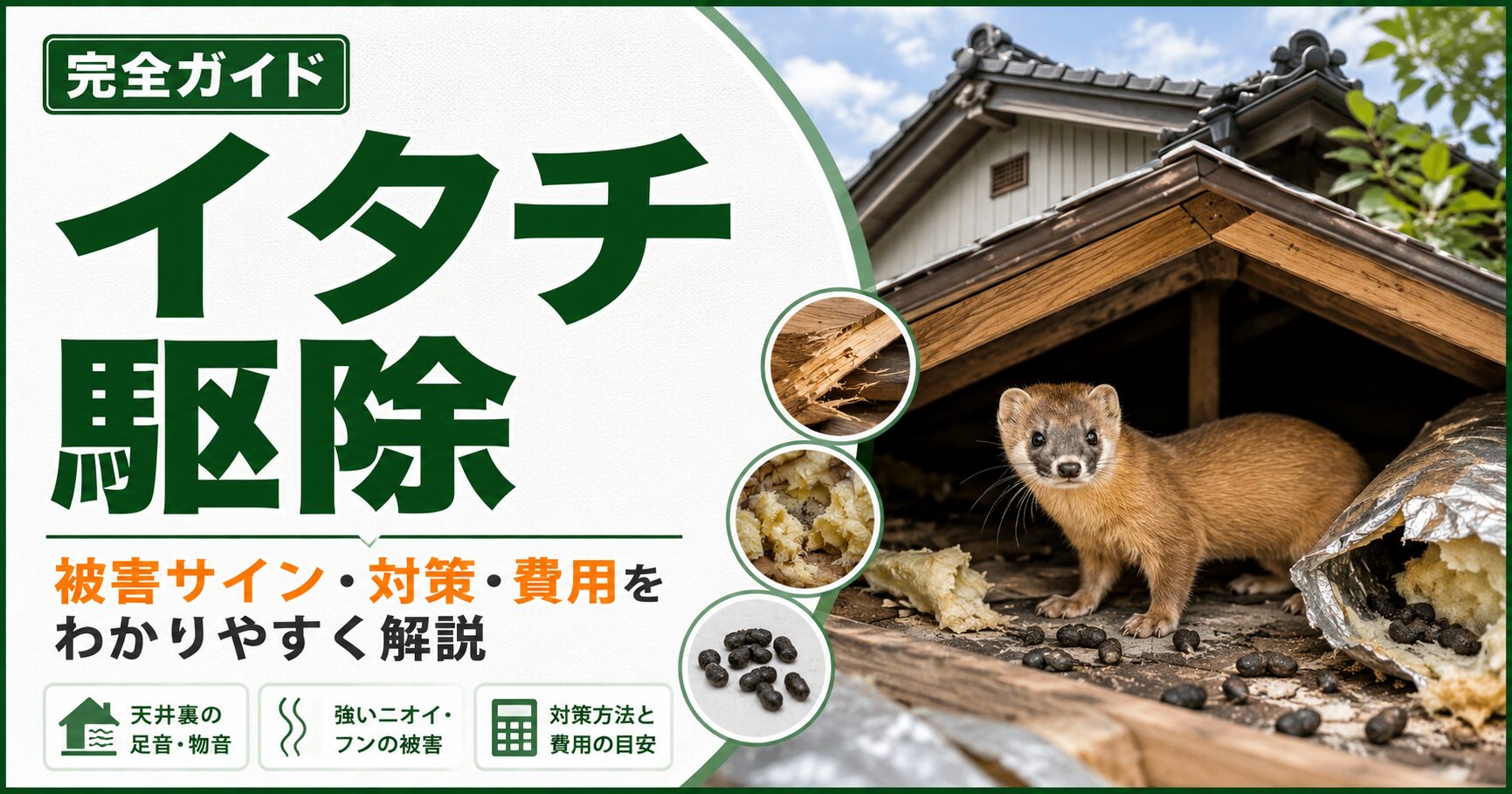 イタチ駆除完全ガイドのアイキャッチ画像。天井裏の足音・強い獣臭・フン被害など、イタチ被害の確認ポイントと対策方法を解説