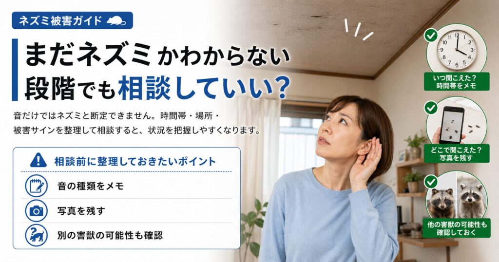 ネズミかどうかわからない段階でも相談してよいことを説明する画像。音の種類や時間帯、場所、被害サインを整理して相談する流れをわかりやすく示している