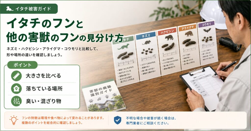 イタチのフンとネズミ、ハクビシン、コウモリのフンの大きさや形、見つかりやすい場所の違いを比較した画像